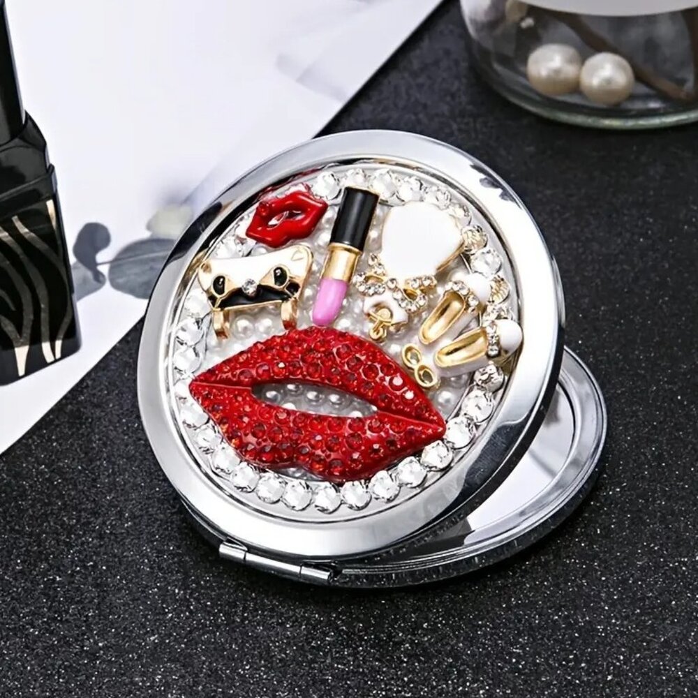 Glam Rhinestone Compact Makeup Mirror with 1x/2x Magnification & Chic Charms - Picture 3 of 8